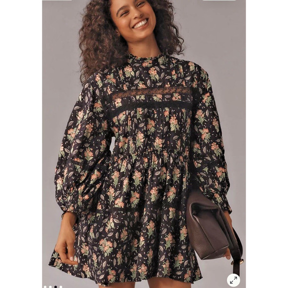 Anthropologie Babydoll Dress Medium Balloon Sleeve Floral Swiss Dot Boho Cottage - Picture 2 of 16